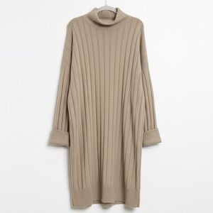 Topshop Boxy Ribbed Funnel Neck Long Sleeve Dress in Neutral